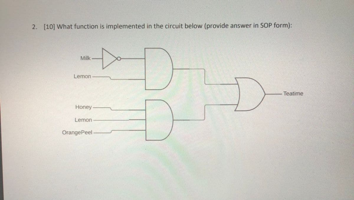 2. [10] What function is implemented in the circuit below (provide answer in SOP form):
Milk-
Lemon
Teatime
Honey
Lemon
OrangePeel
