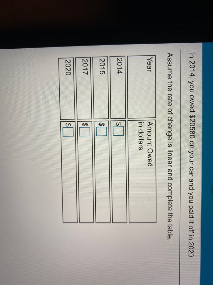 %24
In 2014, you owed $20580 on your car and you paid it off in 2020.
Assume the rate of change is linear and complete the table.
Year
Amount Owed
in dollars
2014
2015
2017
2020
