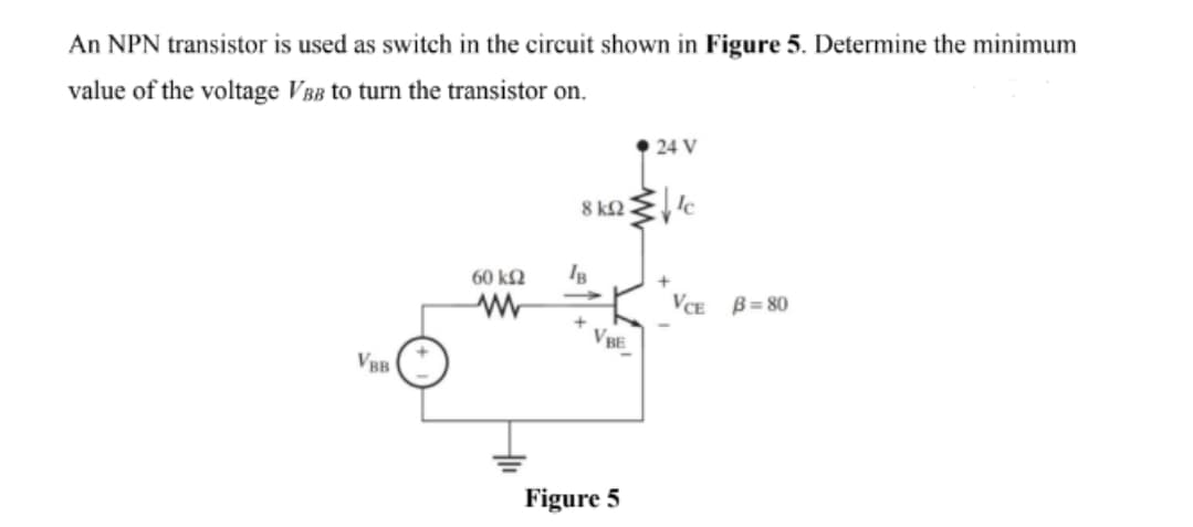 An NPN transistor is used as switch in the circuit shown in Figure 5. Determine the minimum
value of the voltage V B8 to turn the transistor on.
24 V
60 k2
VCE B= 80
VBE
VBB
Figure 5
