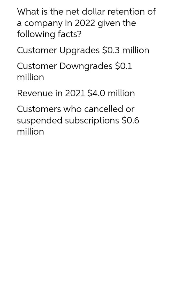 What is the net dollar retention of
a company in 2022 given the
following facts?
Customer Upgrades $0.3 million
Customer Downgrades $0.1
million
Revenue in 2021 $4.0 million
Customers who cancelled or
suspended subscriptions $0.6
million