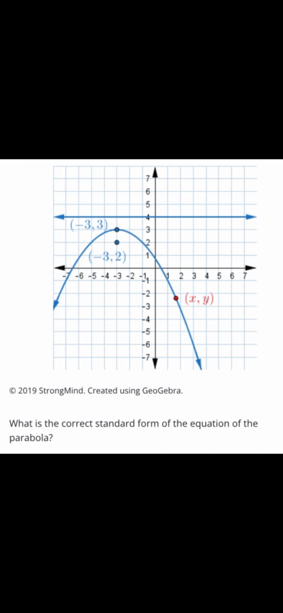 6
5
|(-3,3)
3
(-3, 2)|
-6 -5 -4 -3 -2 -1,
2 3 4 5 6 7
-2
(x, Y)
-3
-4
-5
-6
© 2019 StrongMind. Created using GeoGebra.
What is the correct standard form of the equation of the
parabola?
