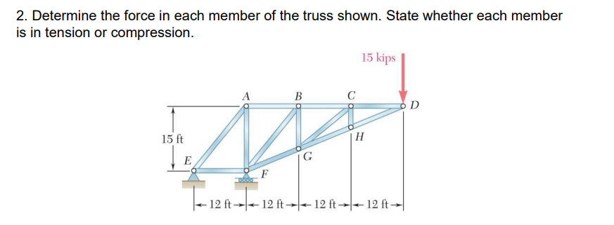 2. Determine the force in each member of the truss shown. State whether each member
is in tension or compression.
15 kips
A
B
C
15 ft
H
G
E
F
T-124-1
- 12 ft →|- 12 ft →|- 12 ft -
