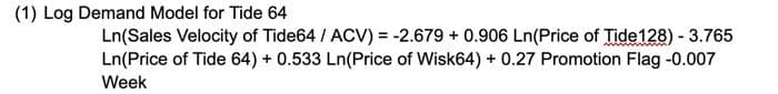 (1) Log Demand Model for Tide 64
Ln(Sales Velocity of Tide64 / ACV) = -2.679 + 0.906 Ln(Price of Tide128) - 3.765
Ln(Price of Tide 64) + 0.533 Ln(Price of Wisk64) + 0.27 Promotion Flag -0.007
Week
