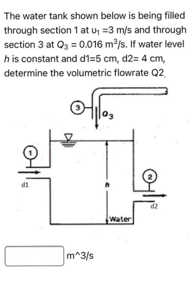 The water tank shown below is being filled
through section 1 at u₁ =3 m/s and through
section 3 at Q3 = 0.016 m³/s. If water level
h is constant and d1=5 cm, d2= 4 cm,
determine the volumetric flowrate Q2.
d1
образ
03
m^3/s
Water
OTE
d2