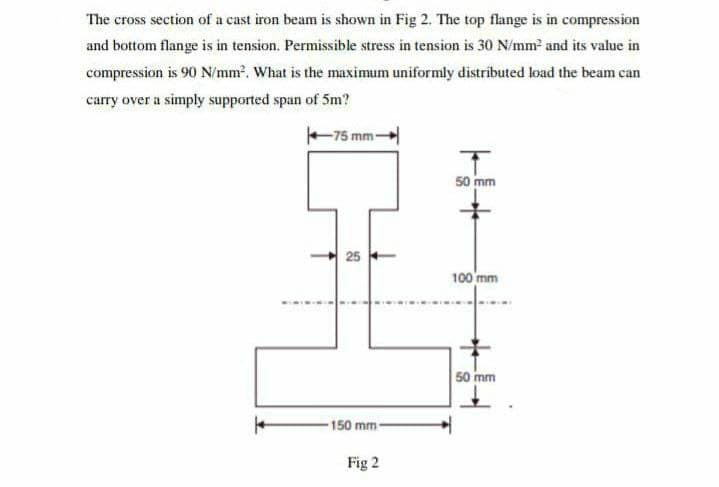 The cross section of a cast iron beam is shown in Fig 2. The top flange is in compression
and bottom flange is in tension. Permissible stress in tension is 30 N/mm and its value in
compression is 90 N/mm?. What is the maximum uniformly distributed load the beam can
carry over a simply supported span of 5m?
-75 mm-
50 mm
25
100 mm
50 mm
-150 mm
Fig 2
