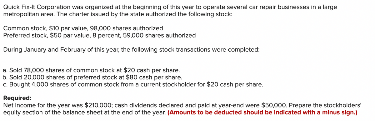 Quick Fix-It Corporation was organized at the beginning of this year to operate several car repair businesses in a large
metropolitan area. The charter issued by the state authorized the following stock:
Common stock, $10 par value, 98,000 shares authorized
Preferred stock, $50 par value, 8 percent, 59,000 shares authorized
During January and February of this year, the following stock transactions were completed:
a. Sold 78,000 shares of common stock at $20 cash per share.
b. Sold 20,000 shares of preferred stock at $80 cash per share.
c. Bought 4,000 shares of common stock from a current stockholder for $20 cash per share.
Required:
Net income for the year was $210,000; cash dividends declared and paid at year-end were $50,000. Prepare the stockholders'
equity section of the balance sheet at the end of the year. (Amounts to be deducted should be indicated with a minus sign.)