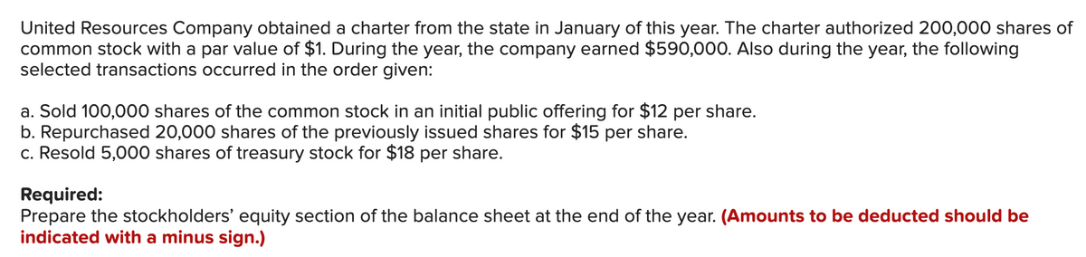 United Resources Company obtained a charter from the state in January of this year. The charter authorized 200,000 shares of
common stock with a par value of $1. During the year, the company earned $590,000. Also during the year, the following
selected transactions occurred in the order given:
a. Sold 100,000 shares of the common stock in an initial public offering for $12 per share.
b. Repurchased 20,000 shares of the previously issued shares for $15 per share.
c. Resold 5,000 shares of treasury stock for $18 per share.
Required:
Prepare the stockholders' equity section of the balance sheet at the end of the year. (Amounts to be deducted should be
indicated with a minus sign.)