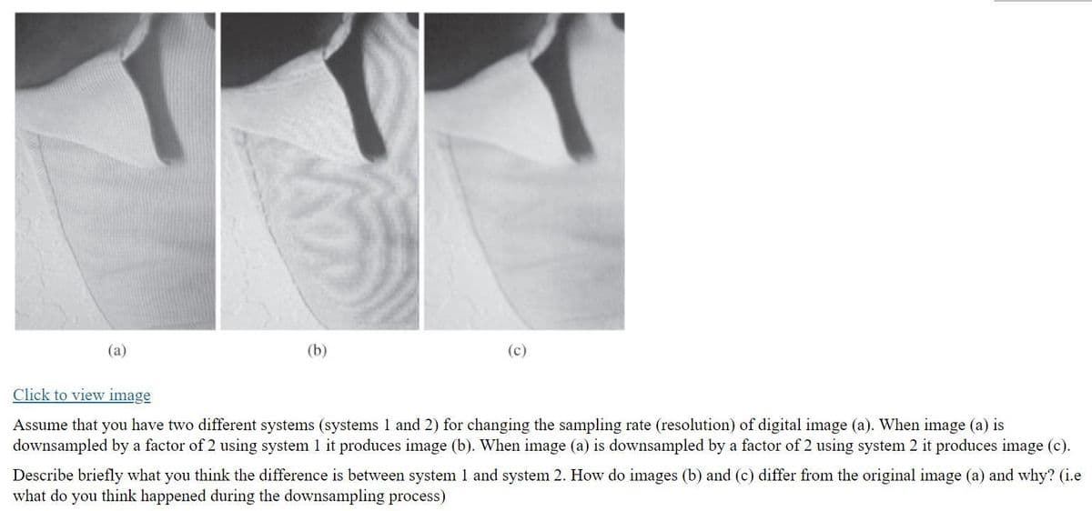 (a)
(b)
(c)
Click to view image
Assume that you have two different systems (systems 1 and 2) for changing the sampling rate (resolution) of digital image (a). When image (a) is
downsampled by a factor of 2 using system 1 it produces image (b). When image (a) is downsampled by a factor of 2 using system 2 it produces image (c).
Describe briefly what you think the difference is between system 1 and system 2. How do images (b) and (c) differ from the original image (a) and why? (i.e
what do you think happened during the downsampling process)
