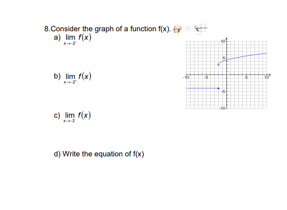 8.Consider the graph of a function f(x).
a) lim f(x)
10
b) lim f(x)
10
-5
10
X-2"
-10
c) lim f(x)
d) Write the equation of f(x)
