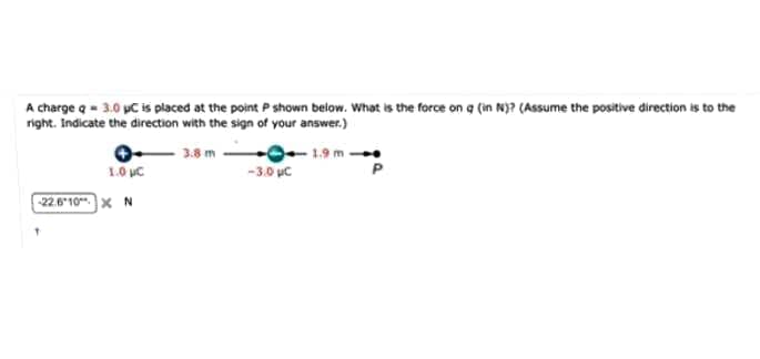 A charge q = 3.0 pC is placed at the point P shown below. What is the force on a (in N)? (Assume the positive direction is to the
right. Indicate the direction with the sign of your answer.)
1.9 m
-3.0 uc
3.8 m
1.0 uC
22.6 10 x N
