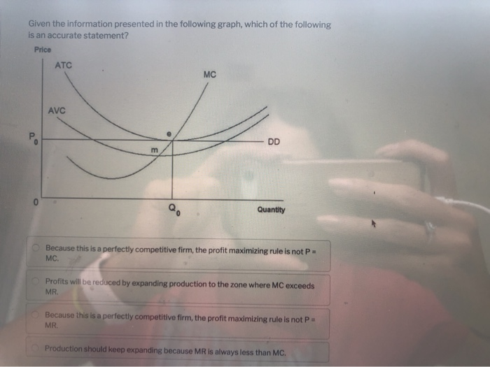 Given the information presented in the following graph, which of the following
is an accurate statement?
Price
Po
0
ATC
AVC
m
20
MC
DD
Quantity
Because this is a perfectly competitive firm, the profit maximizing rule is not P =
MC,
Profits will be reduced by expanding production to the zone where MC exceeds
MR.
Because this is a perfectly competitive firm, the profit maximizing rule is not P =
MR.
Production should keep expanding because MR is always less than MC.