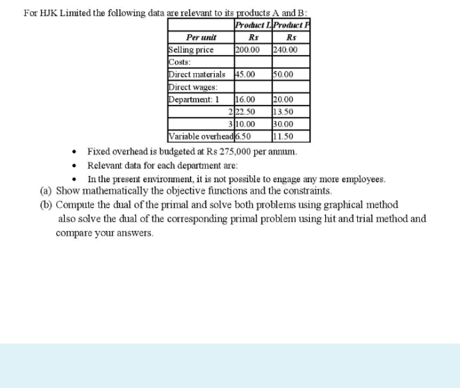 For HJK Limited the following data are relevant to its products A and B:
|Product LProductF
Per unit
Selling price
Costs:
Direct materials 45.00
Direct wages:
Department: 1
Rs
Rs
200.00
240.00
50.00
20.00
13.50
30.00
|11.50
Fixed overhead is budgeted at Rs 275,000 per annum.
16.00
222.50
310.00
Variable overhead 6.50
Relevant data for each department are:
In the present environment, it is not possible to engage any more employees.
(a) Show mathematically the objective functions and the constraints.
(b) Compute the dual of the primal and solve both problems using graphical method
also solve the dual of the corresponding primal problem using hit and trial method and
compare your answers.
