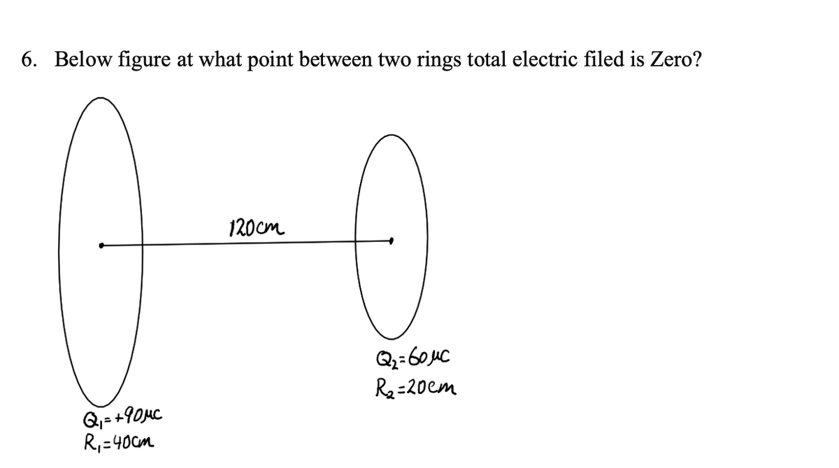 6. Below figure at what point between two rings total electric filed is Zero?
120cm
R2 =20em
Q,= +90HC
R,=40Cm
%3D
