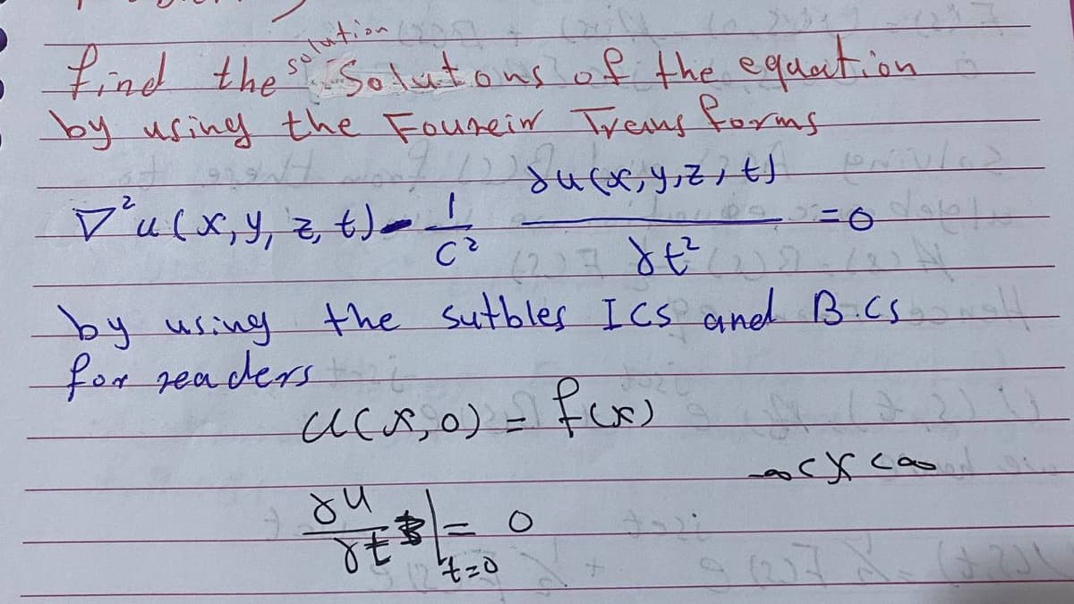 solution
find the Solutions of the equation
by using the Foureir Trans forms
7// Su(x, y, z)
D²u (X, Y, Z, X) = 1/2
C²
(2)=1 dt²
by using the sutbles ICS and B.cs.
91
for readers
((*₂0) = f(x)
ठेप
JEB
12720
520dably
O
$ 13
arx co