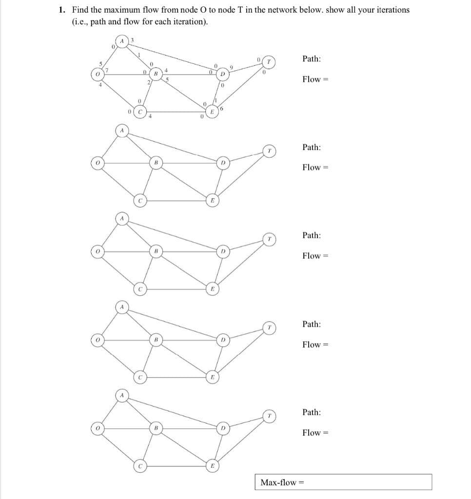 1. Find the maximum flow from node O to node T in the network below. show all your iterations
(i.e., path and flow for each iteration).
Path:
Flow =
Path:
Flow =
Path:
Flow =
Path:
Flow =
Path:
Flow =
Max-flow =
-)
