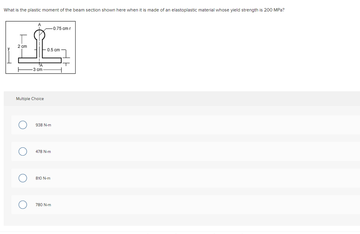 What is the plastic moment of the beam section shown here when it is made of an elastoplastic material whose yield strength is 200 MPa?
2 cm
'A
3 cm
Multiple Choice
-0.5 cm
938 N-m
478 N-m
810 N-m
-0.75 cm r
780 N-m