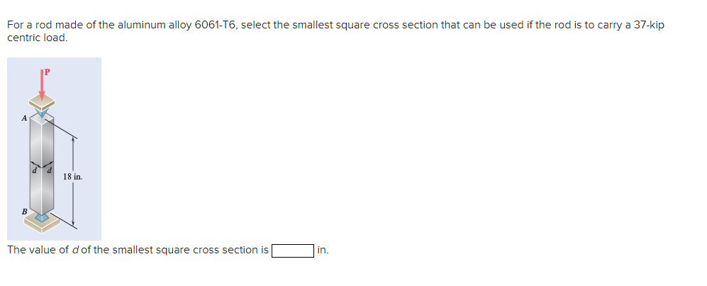 For a rod made of the aluminum alloy 6061-T6, select the smallest square cross section that can be used if the rod is to carry a 37-kip
centric load.
18 in.
The value of d of the smallest square cross section is
in.