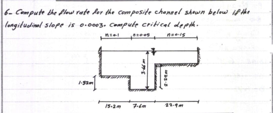 6- Compute the flow rate for the composite channel shown below if the
longitudinal slope is 0.0003. Compute critical depth.
n=0-1 +0=0.05 +
1.52m
15.2m
3.66m
7.6m
n=0.15
2.29m
22.9m