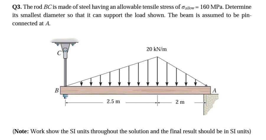 Q3. The rod BC is made of steel having an allowable tensile stress of allow=160 MPa. Determine
its smallest diameter so that it can support the load shown. The beam is assumed to be pin-
connected at A.
B
2.5 m
20 kN/m
2 m
A
(Note: Work show the SI units throughout the solution and the final result should be in SI units)