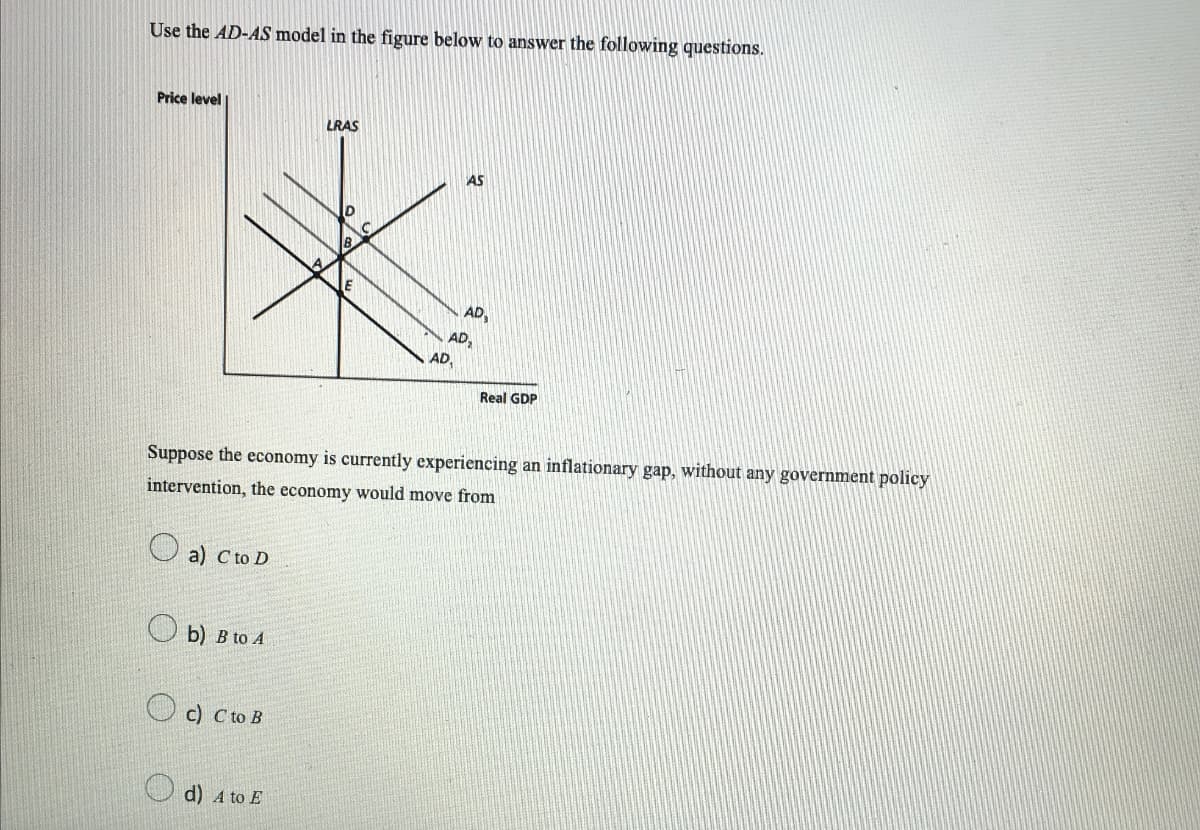 Use the AD-AS model in the figure below to answer the following questions.
Price level
LRAS
AS
*
E
AD
AD
AD₂
Real GDP
Suppose the economy is currently experiencing an inflationary gap, without any government policy
intervention, the economy would move from
a) C to D
b) B to A
c) C to B
d) A to E