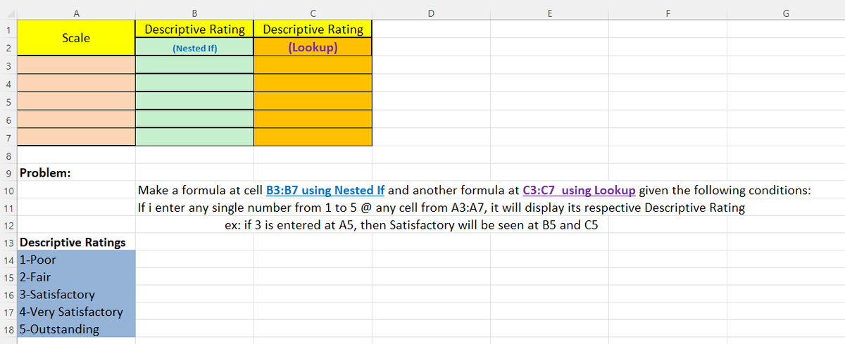 A
Scale
1
2
3
4
5
6
7
8
9 Problem:
10
11
12
13 Descriptive Ratings
14 1-Poor
15 2-Fair
16 3-Satisfactory
17 4-Very Satisfactory
18 5-Outstanding
B
D
E
F
G
Descriptive Rating
Descriptive Rating
(Lookup)
(Nested If)
Make a formula at cell B3:B7 using Nested If and another formula at C3:C7 using Lookup given the following conditions:
If i enter any single number from 1 to 5 @ any cell from A3:A7, it will display its respective Descriptive Rating
ex: if 3 is entered at A5, then Satisfactory will be seen at B5 and C5