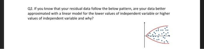 Q2. If you know that your residual data follow the below pattern, are your data better
approximated with a linear model for the lower values of independent variable or higher
values of independent variable and why?
