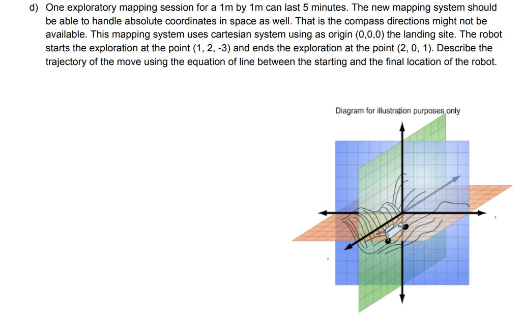 d) One exploratory mapping session for a 1m by 1m can last 5 minutes. The new mapping system should
be able to handle absolute coordinates in space as well. That is the compass directions might not be
available. This mapping system uses cartesian system using as origin (0,0,0) the landing site. The robot
starts the exploration at the point (1, 2, -3) and ends the exploration at the point (2, 0, 1). Describe the
trajectory of the move using the equation of line between the starting and the final location of the robot.
Diagram for illustrațion purposes only
