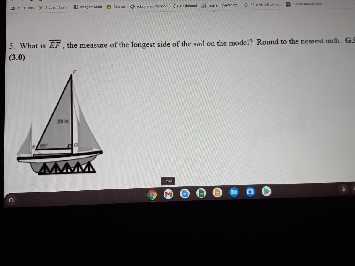 A Classes
O eduphoria! - School.
O Dashboard Login - Powered by.
G ED Is More Commo..
human muscle syst.
O AISD Links Y Student Avatar
Imagine Math
5. What is EF , the measure of the longest side of the sail on the model? Round to the nearest inch. G.S
(3.0)
28 in.
E 65
MAM
Gmail
