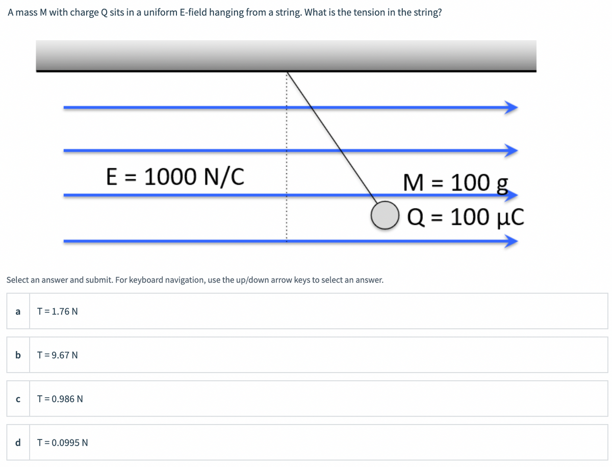 A mass M with charge Q sits in a uniform E-field hanging from a string. What is the tension in the string?
E = 1000 N/C
М%3 100 g
Q = 100 µC
Select an answer and submit. For keyboard navigation, use the up/down arrow keys to select an answer.
a
T=1.76 N
b
T= 9.67 N
T= 0.986 N
d
T= 0.0995 N
