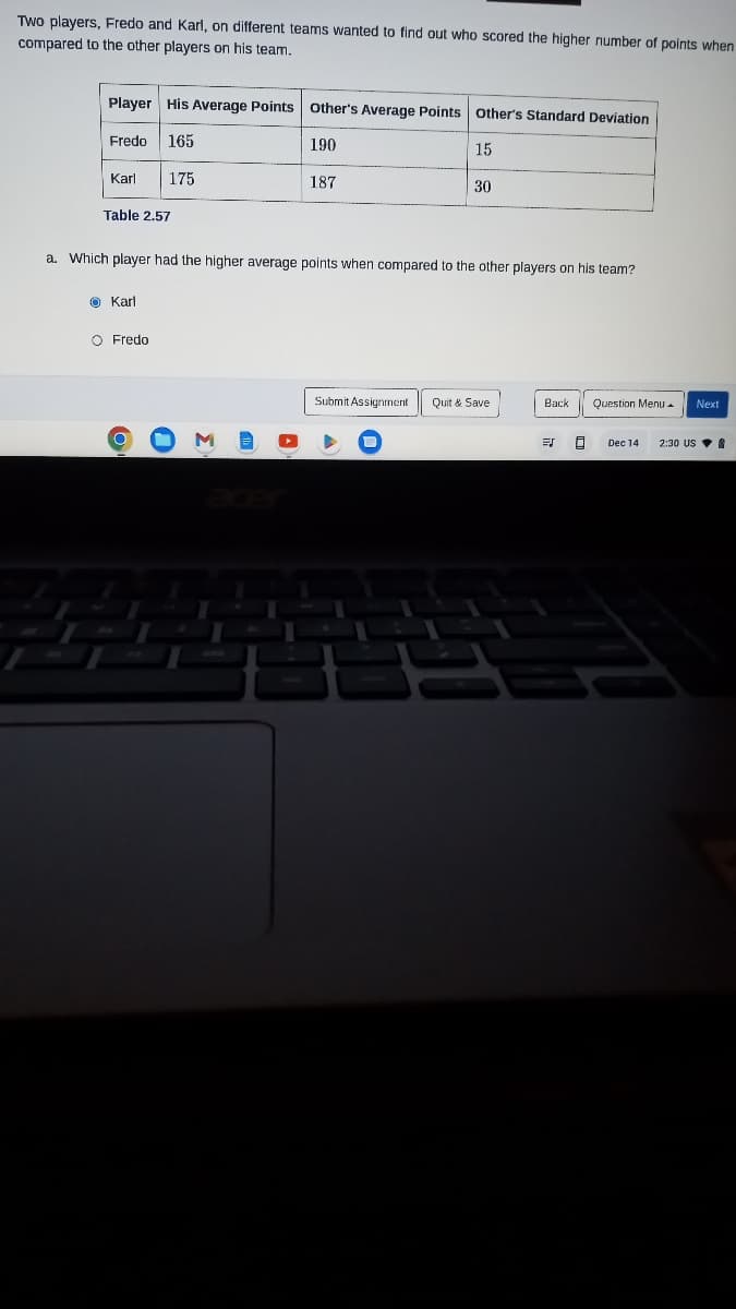 Two players, Fredo and Karl, on different teams wanted to find out who scored the higher number of points when
compared to the other players on his team.
Player His Average Points
165
175
Fredo
Karl
Table 2.57
Karl
Other's Average Points Other's Standard Deviation
15
O Fredo
190
187
a. Which player had the higher average points when compared to the other players on his team?
30
Submit Assignment Quit & Save
Back
ES
Question Menu
Dec 14 2:30 US
Next