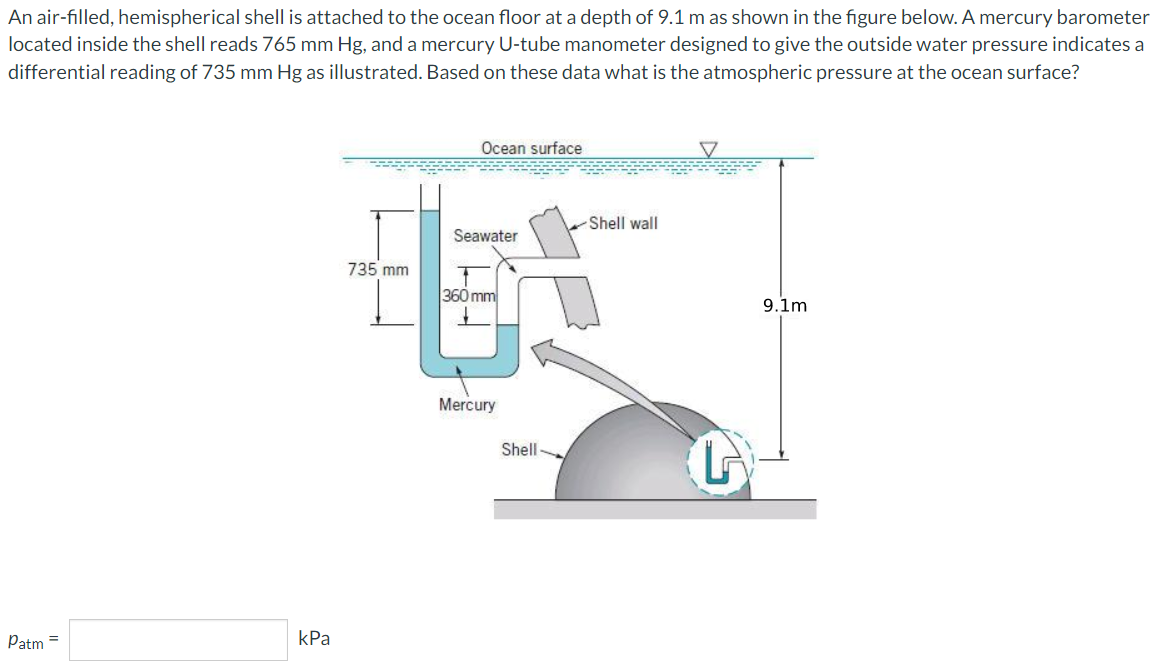 An air-filled, hemispherical shell is attached to the ocean floor at a depth of 9.1 m as shown in the figure below. A mercury barometer
located inside the shell reads 765 mm Hg, and a mercury U-tube manometer designed to give the outside water pressure indicates a
differential reading of 735 mm Hg as illustrated. Based on these data what is the atmospheric pressure at the ocean surface?
Patm =
kPa
735 mm
Ocean surface
Seawater
360 mm
Mercury
Shell-
Shell wall
L
9.1m