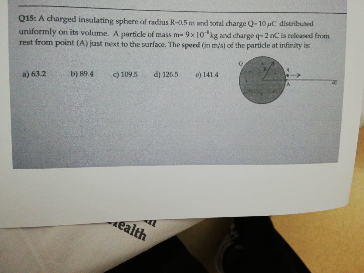 Q15: A charged insulating sphere of radius R-0.5 m and total charge Q- 10 uC distributed
uniformly on its volume. A particle of mass m= 9x10* kg and charge q=2 nC is released from
rest from point (A) just next to the surface. The speed (in m/s) of the particle at infinity is:
b) 89.4
c) 109.5
d) 126.5
e) 141.4
a) 63.2
ealth
