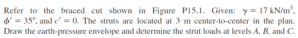 Refer to the braced cut shown in Figure P15.1. Given: y = 17 kN/m²,
o' = 35°, and c' = 0. The struts are located at 3 m center-to-center in the plan.
Draw the earth-pressure envelope and determine the strut loads at levels A, B, and C.
