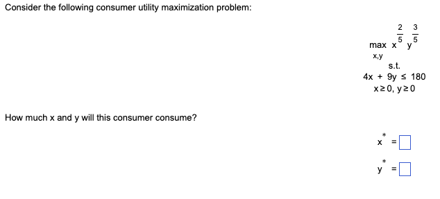 Consider the following consumer utility maximization problem:
How much x and y will this consumer consume?
2 3
5
5
max x y
x,y
s.t.
4x + 9y ≤ 180
x20, y 20
X