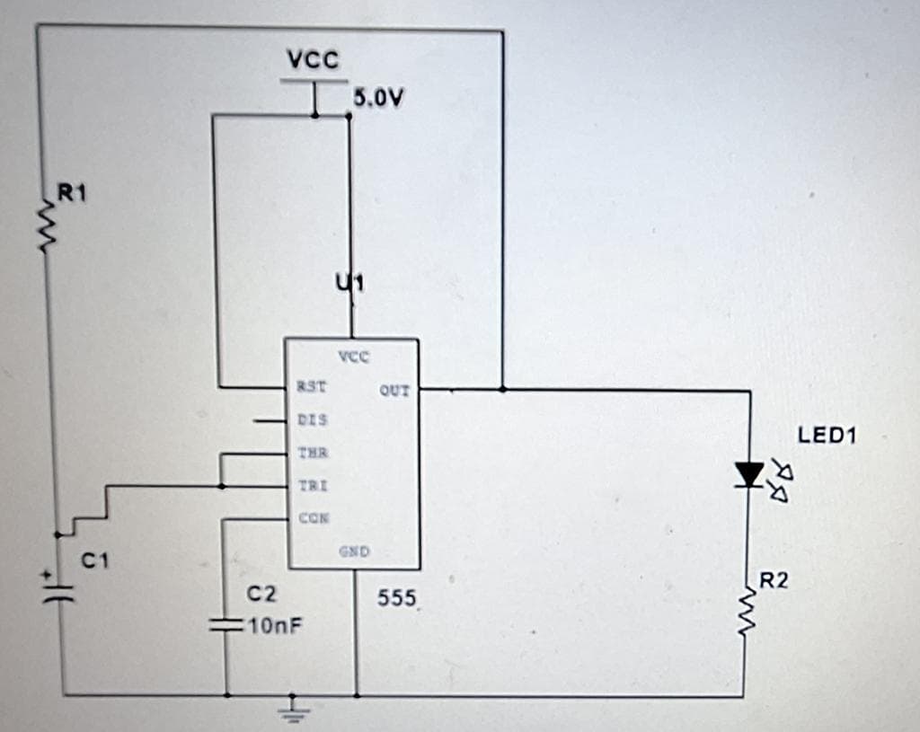 R1
C1
VCC
RST
DIS
THR
TRI
CON
C2
10nF
5.0V
VCC
GND
OUT
555
AA
R2
LED1