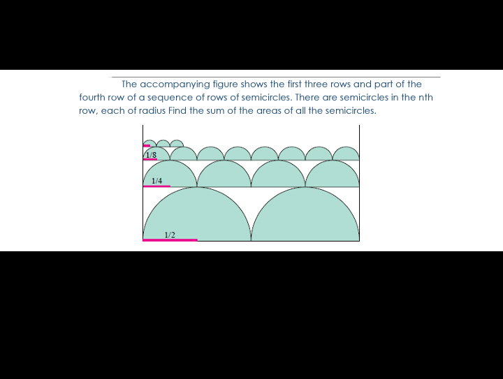 The accompanying figure shows the first three rows and part of the
fourth row of a sequence of rows of semicircles. There are semicircles in the nth
row, each of radius Find the sum of the areas of all the semicircles.
1/8
1/4
1/2
