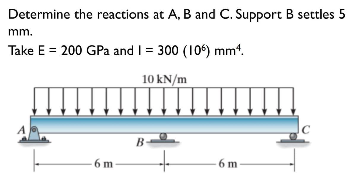 Determine the reactions at A, B and C. Support B settles 5
mm.
Take E = 200 GPa and I = 300 (106) mmª.
10 kN/m
с
A
6 m
6 m
B