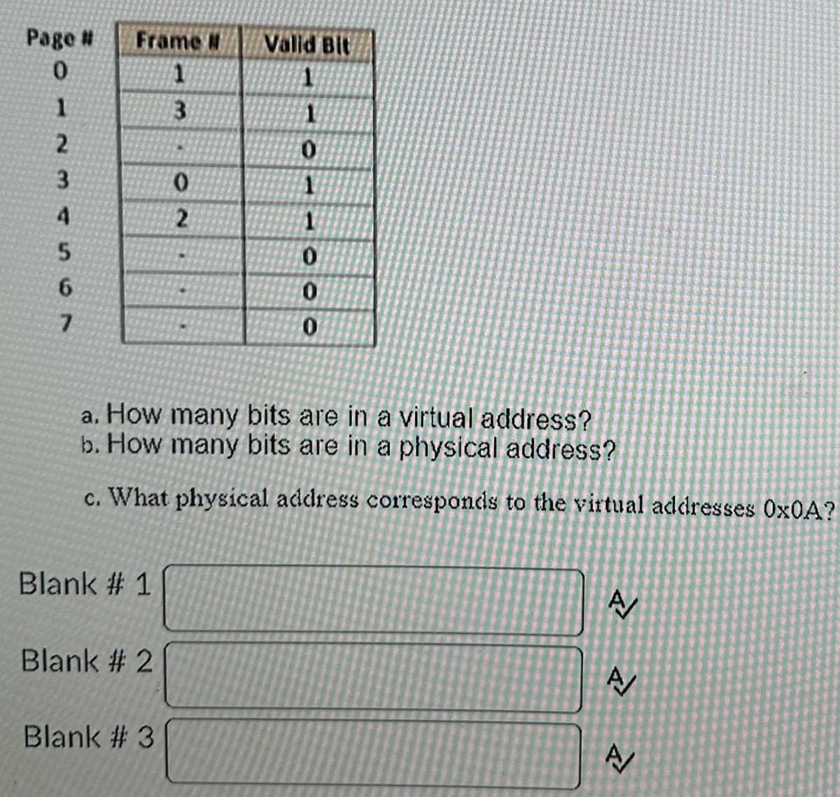 Page #
0
1
2
3
4
5
6
7
Frame #
1
3
Blank # 1
Blank # 2
0
2
a. How many bits are in a virtual address?
b. How many bits are in a physical address?
c. What physical address corresponds to the virtual addresses 0x0A?
Blank # 3
Valid Bit
1
0
1
1
0
0
0
2
A/
A