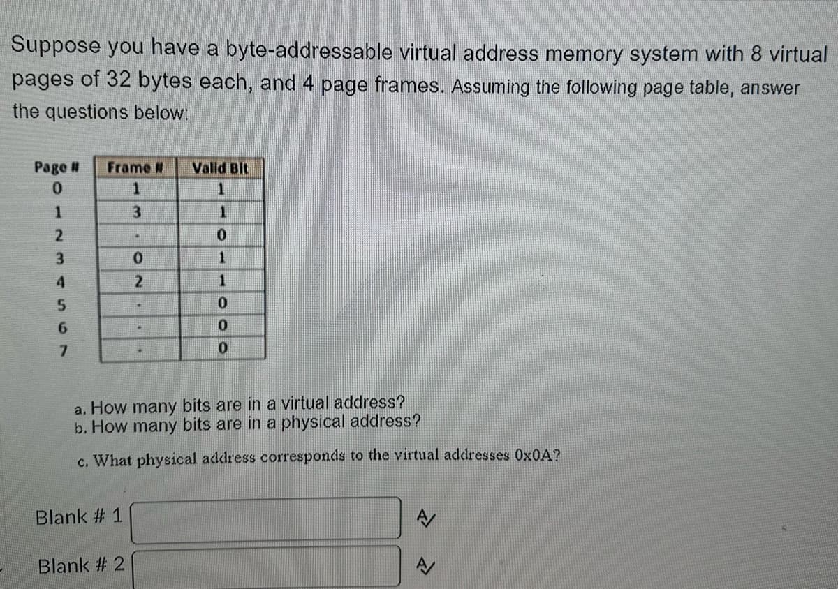 Suppose you have a byte-addressable virtual address memory system with 8 virtual
pages of 32 bytes each, and 4 page frames. Assuming the following page table, answer
the questions below:
Page #
0
1
2
3
4
5
6
7
Frame #
1
3
Blank # 1
*
Blank #2
NO
2
*
Valid Bit
1
a. How many bits are in a virtual address?
b. How many bits are in a physical address?
c. What physical address corresponds to the virtual addresses Ox0A?
1
0
1
1
0
0
0
A
A/