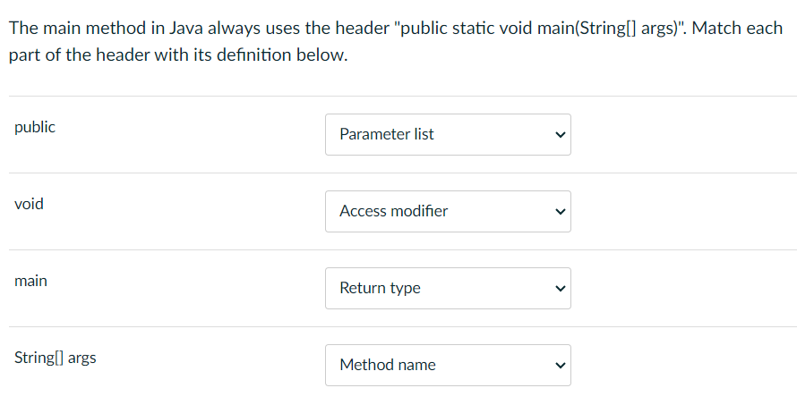 The main method in Java always uses the header "public static void main(String[] args)". Match each
part of the header with its definition below.
public
void
main
String[] args
Parameter list
Access modifier
Return type
Method name