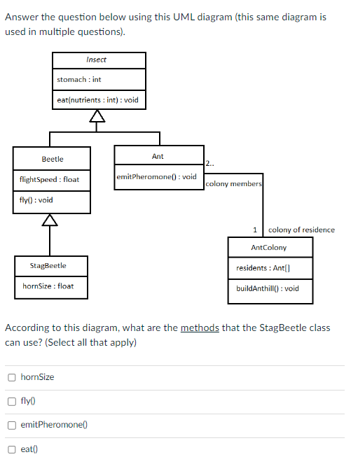 Answer the question below using this UML diagram (this same diagram is
used in multiple questions).
flightSpeed: float
fly(): void
stomach: int
Beetle
StagBeetle
eat(nutrients: int) : void
hornSize: float
hornSize
fly0
Insect
eat()
emitPheromone()
Ant
emitPheromone(): void
2..
colony members
1
According to this diagram, what are the methods that the StagBeetle class
can use? (Select all that apply)
colony of residence
AntColony
residents: Ant[]
buildAnthill(): void