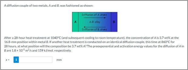 A diffusion couple of two metals, A and B, was fashioned as shown:
biffusion of A at oms
A-B alloy
Diffusion of B atons
After a 28-hour heat treatment at 1040°C (and subsequent cooling to room temperature), the concentration of A is 3.7 wt% at the
16.8-mm position within metal B. If another heat treatment is conducted on an identical diffusion couple, this time at 860°C for
28 hours, at what position will the composition be 3.7 wt% A? The preexponential and activation energy values for the diffusion of A in
Bare 1.8 x 105 m/s and 159 kJ/mol, respectively.
mm
