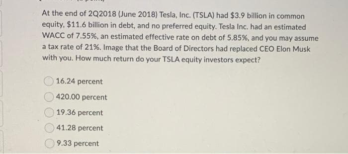 At the end of 2Q2018 (June 2018) Tesla, Inc. (TSLA) had $3.9 billion in common
equity, $11.6 billion in debt, and no preferred equity. Tesla Inc. had an estimated
WACC of 7.55%, an estimated effective rate on debt of 5.85%, and you may assume
a tax rate of 21%. Image that the Board of Directors had replaced CEO Elon Musk
with you. How much return do your TSLA equity investors expect?
16.24 percent
420.00 percent
19.36 percent
41.28 percent
9.33 percent