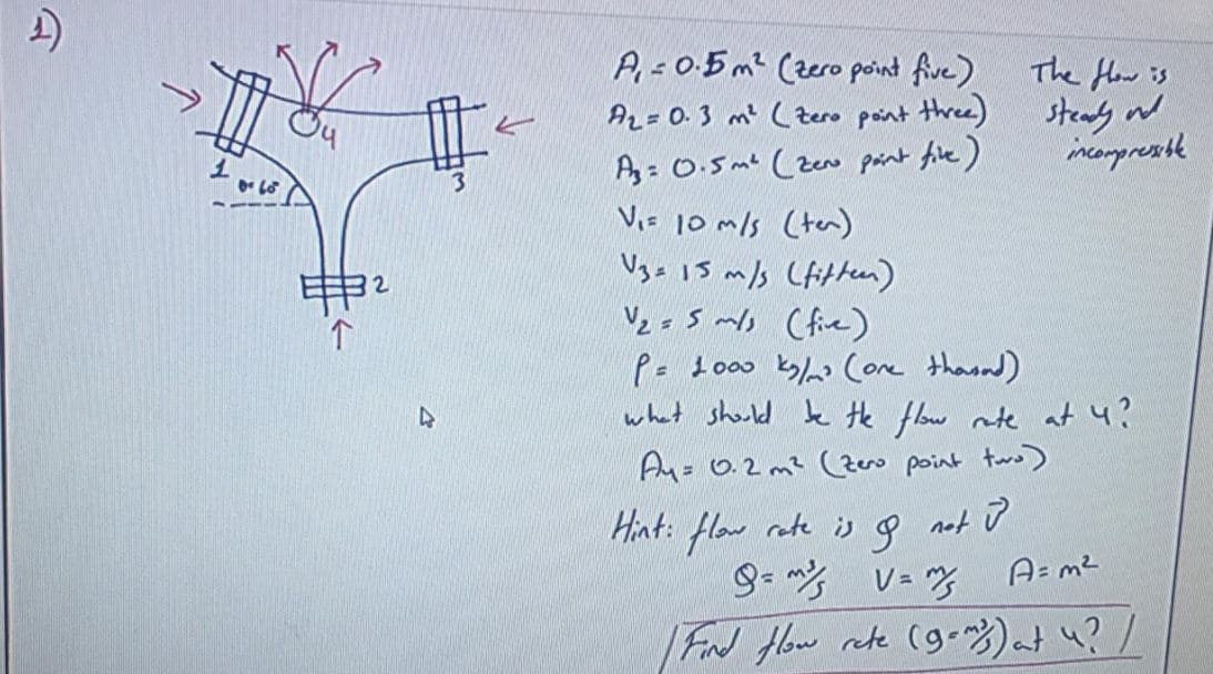 A- 0.5m² (zero point five)
Az= 0. 3 m (tero pont three)
A: 0.5m (zew pant five)
V,s 10 mls (ten)
Vga 15 m/s (fitten)
The How is
steny N
Vz = 5 mls (five)
P= to00 k (ore thannd)
what should be Hhe flow nte at 4?
Au= 0.2 m² (Zeo point two)
Hint: flow rete is 8
not ū
A= m²
/Fd flow ate (go3)t u?/
