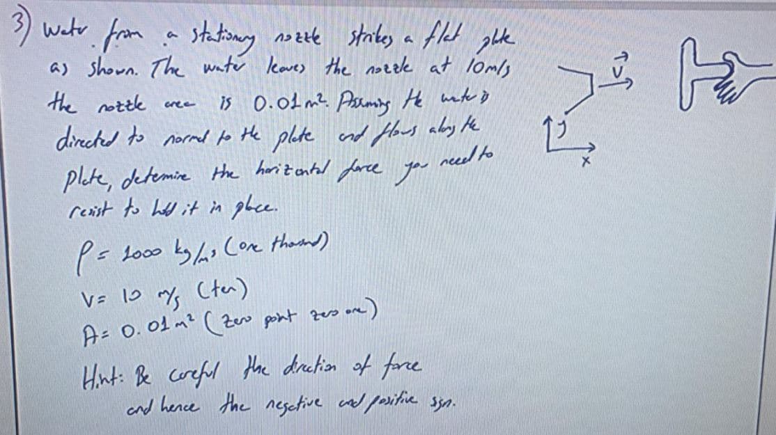 3) wito from a sttiny nozte strkes a fled ghke
as shown. The wate Ikoves the notele at loml
フ
the notte cree
Is 0.0d m? Pormny He wate o
dinchd to normed p He plate nd fHous aby te
neeed to
plete, detemie the horit antal force you
reist to hall it in ghee.
P= so00 ky ai Cor thand)
V= 10 my Cter)
A: 0. 01 m2 (2ero pont zes are)
Hnt: Be coreful Hae dretion of force
and hence the negetive cad pesitia ssa.
