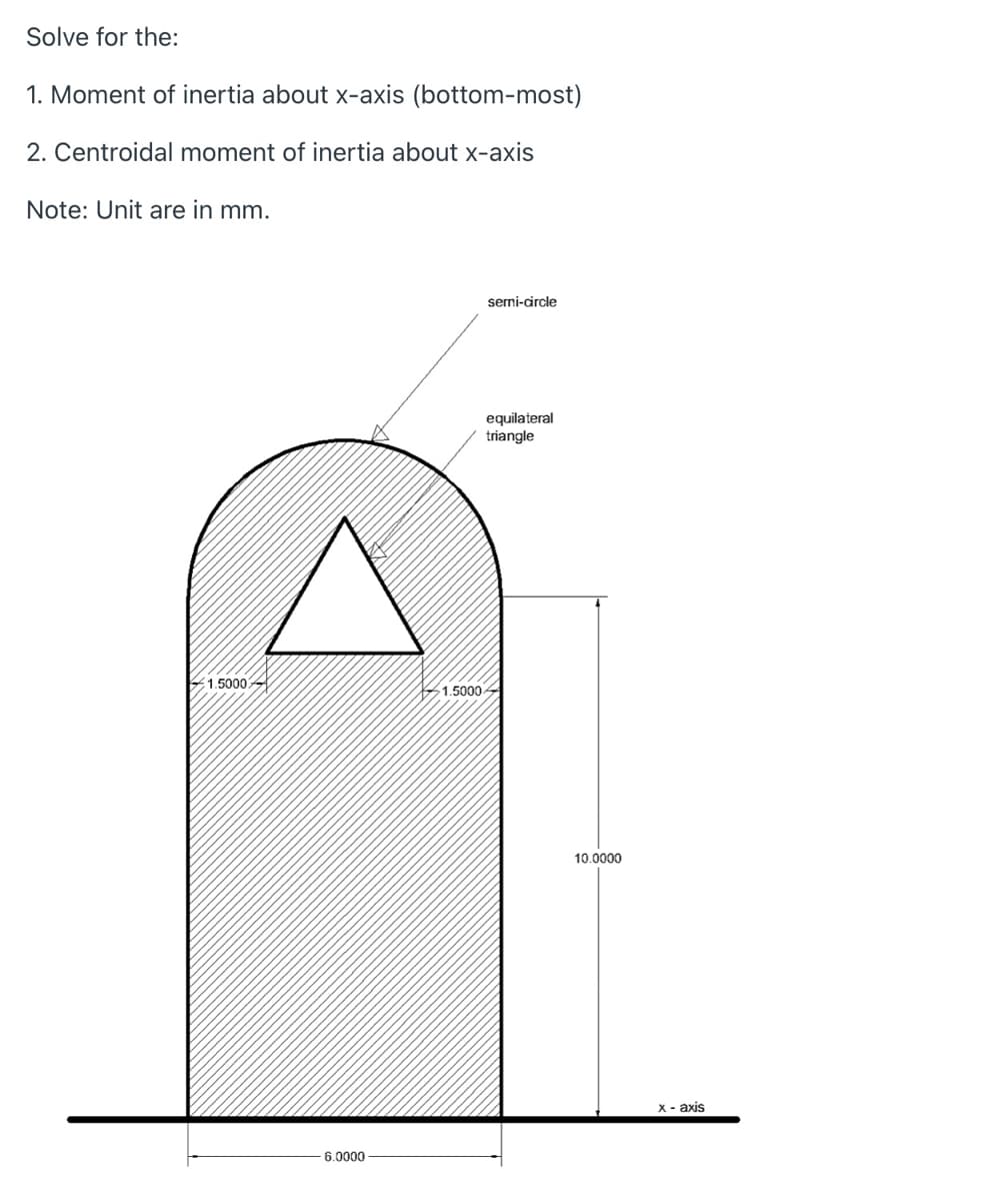 Solve for the:
1. Moment of inertia about x-axis (bottom-most)
2. Centroidal moment of inertia about x-axis
Note: Unit are in mm.
semi-circle
equilateral
triangle
1.5000
1.5000
10.0000
X - axis
6.0000
