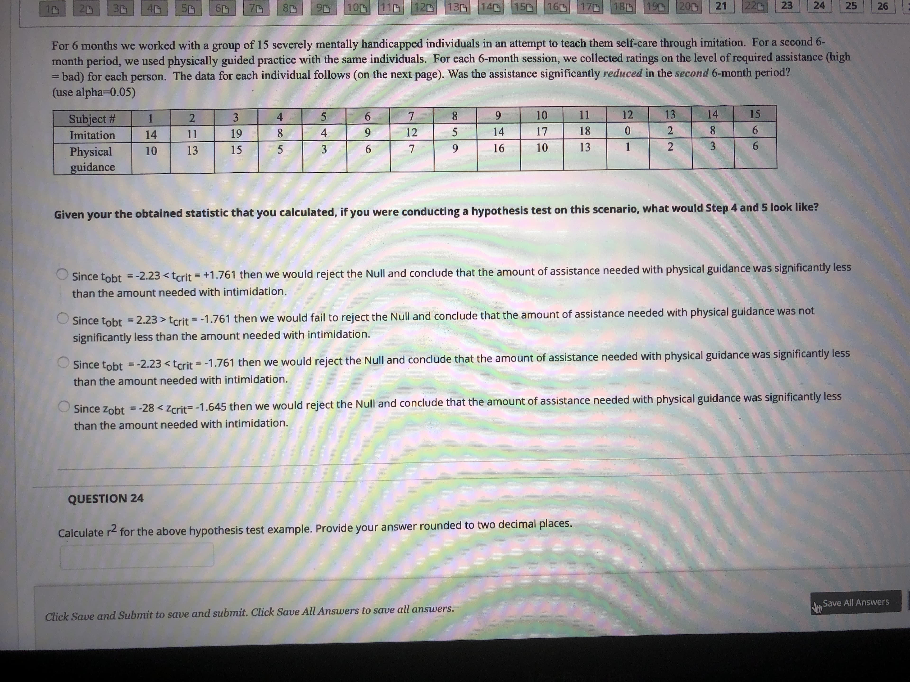 20
3D
50
70
10D 11D
120
130
140
150
160
17 180 190
20
21
220
23
24
25
26
For 6 months we worked with a group of 15 severely mentally handicapped individuals in an attempt to teach them self-care through imitation. For a second 6-
month period, we used physically guided practice with the same individuals. For each 6-month session, we collected ratings on the level of required assistance (high
3Dbad) for each person. The data for each individual follows (on the next page). Was the assistance significantly reduced in the second 6-month period?
(use alpha=0.05)
%3D
Subject #
4
6.
7.
8.
9.
10
11
12
13
15
1
Imitation
14
11
19
4
9.
12
14
17
18
6.
15
3
6.
9.
16
10
13
1
6.
Physical
guidance
10
13
Given your the obtained statistic that you calculated, if you were conducting a hypothesis test on this scenario, what would Step 4 and 5 look like?
Since tobt = -2.23 < tcrit = +1.761 then we would reject the Null and conclude that the amount of assistance needed with physical guidance was significantly less
%3D
than the amount needed with intimidation.
Since tobt = 2.23 > tcrit = -1.761 then we would fail to reject the Null and conclude that the amount of assistance needed with physical guidance was not
%3D
significantly less than the amount needed with intimidation.
Since tobt = -2.23 < tcrit = -1.761 then we would reject the Null and conclude that the amount of assistance needed with physical guidance was significantly less
%3D
than the amount needed with intimidation.
Since zobt =-28 < zcrit= -1.645 then we would reject the Null and conclude that the amount of assistance needed with physical guidance was significantly less
than the amount needed with intimidation.
QUESTION 24
Calculate r for the above hypothesis test example. Provide your answer rounded to two decimal places.
Jhy Save All Answers
Click Save and Submit to save and submit. Click Save All Answers to save all answers.
483
