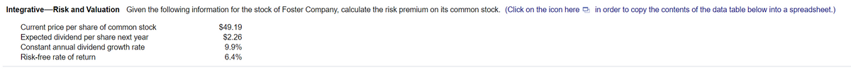 Integrative-Risk and Valuation Given the following information for the stock of Foster Company, calculate the risk premium on its common stock. (Click on the icon here a in order to copy the contents of the data table below into a spreadsheet.)
Current price per share of common stock
Expected dividend per share next year
Constant annual dividend growth rate
$49.19
$2.26
9.9%
Risk-free rate of return
6.4%
