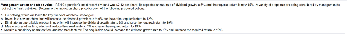 Management action and stock value REH Corporation's most recent dividend was $2.32 per share, its expected annual rate of dividend growth is 5%, and the required return is now 15%. A variety of proposals are being considered by management to
redirect the firm's activities. Determine the impact on share price for each of the following proposed actions.
a. Do nothing, which will leave the key financial variables unchanged.
b. Invest in a new machine that will increase the dividend growth rate to 9% and lower the required return to 12%.
c. Eliminate an unprofitable product line, which will increase the dividend growth rate to 8% and raise the required return to 19%.
d. Merge with another firm, which will reduce the growth rate to 1% and raise the required return to 19%.
e. Acquire a subsidiary operation from another manufacturer. The acquisition should increase the dividend growth rate to 9% and increase the required return to 19%.
