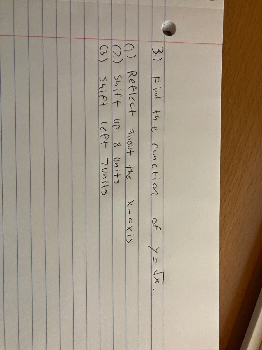 3) Find the function
of y= Jx.
1) Reflcct about the
(2) Shift Up
(3) Shift left 7units
X-axis
8 Units
